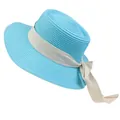 Flat top straw hat in sky blue with a cream ribbon bow for summer beach elegance - 56-58cm / Beige Ribbon Bow (040E) / Lake Blue