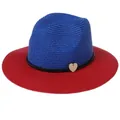 Navy blue and red foldable Panama straw hat with black band and heart charm - M(56-58cm) / Blue And Red (352-F)