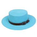 Sky blue flat top straw boater hat with brown leather band and metallic buckle - Leather Belt Buckle Style (305C)