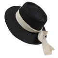Elegant black boater straw hat with cream canvas bow ribbon for women's summer beach look - 56-58cm / Beige Ribbon Bow (040F) / Black