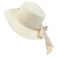 Elegant beige flat top straw hat with wide ribbon bow for summer beach vacations - 56-58cm / Beige Ribbon Bow (040G) / Cream