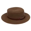 Dark brown straw boater hat with wide brim and leather band featuring a metal buckle - Leather Belt Buckle Style (305D)