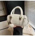 Glossy white Boston handbag with heart charm and detachable shoulder strap for women - With Pendant / White With Pendant