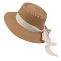 Elegant khaki straw flat top hat with cream ribbon bow for women's summer beach wear - 56-58cm / Beige Ribbon Bow (040H) / Khaki