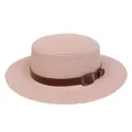 Pink boater hat for women with brown leather band and metallic buckle detail - Leather Belt Buckle Style (305E)