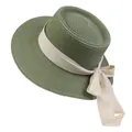Flat top straw boater hat in olive green with cream chevron ribbon for summer beach vacation - 56-58cm / Beige Ribbon Bow (040I) / Green