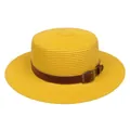 Bright yellow straw boater hat featuring a brown leather band and bronze buckle decoration - Leather Belt Buckle Style (305F)