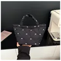 Quilted black bucket bag with white bow embroidery and top handle design - No Pendant / Black