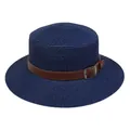 Navy blue flat top straw hat featuring a brown leather decorative belt and metal buckle - Leather Belt Buckle Style (305G)