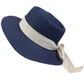 Navy blue straw boater hat featuring a cream herringbone ribbon and elegant side bow - 56-58cm / Beige Ribbon Bow (040J) / Navy Blue