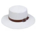White straw boater hat for women with brown leather band and silver metal buckle detail - Leather Belt Buckle Style (305H)