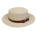Beige boater hat with dark brown faux leather band and adjustable metal buckle - Leather Belt Buckle Style (305I)