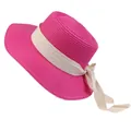 Elegant hot pink straw sun hat with creamy white ribbon bow for beach vacations - 56-58cm / Beige Ribbon Bow (040L) / Rose Red