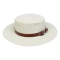 White straw boater hat for women featuring a brown faux leather band and silver buckle - Leather Belt Buckle Style (305J)