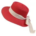 Elegant red woven straw flat top boater hat with cream ribbon bow for summer beach - 56-58cm / Beige Ribbon Bow (040M) / Red