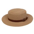 Flat top straw sun hat in natural wood color with brown leather strap and metal buckle - Leather Belt Buckle Style (305K)