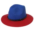 Foldable Panama straw hat in blue and red color block with studded leather band - M(56-58cm) / Blue And Red (353-F)