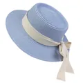 Light blue flat top straw hat with cream bow, French style summer sun protection accessory - 56-58cm / Beige Ribbon Bow (040N) / Sky Blue