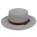 Grey woven straw boater hat featuring a brown leather band and metallic buckle detail - Leather Belt Buckle Style (305L)