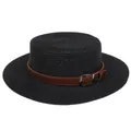 Women's black straw boater hat with a brown leather buckle strap for summer sun protection - Leather Belt Buckle Style (305M)