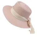 Flat top straw sun hat in light pink with creamy white ribbon bow for beach vacation - 56-58cm / Beige Ribbon Bow (040P) / Light Pink