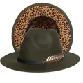 Cappello Fedora verde oliva con fascia in pelle, piuma dorata e fodera leopardata - Taglia unica(56-58cm) / Verde Militare (241-C)