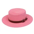 Pink woven straw boater hat featuring a brown faux leather band with silver buckle - Leather Belt Buckle Style (305N)