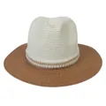 Panama straw hat with white woven crown, brown brim and faux pearl chain decoration - M(56-58cm) / Beige And Khaki (354-A)