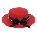 Elegant red flat straw hat with black lace trim, pearls, and a large satin bow accent - Ribbon Bow Decoration Style (306A)