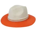 Two-tone wide brim panama straw hat in cream and orange with pearl and chain detail - M(56-58cm) / Beige And Orange (354-B)