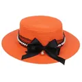 Elegant orange straw sun hat with black lace, ribbon bow and pearl decorations - Ribbon Bow Decoration Style (306B)