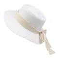 Elegant white straw boater hat with a cream ribbon bow for summer beach vacations - 56-58cm / Beige Ribbon Bow (040T) / Pure White