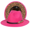 Cappello fedora rosa acceso con fodera leopardata e dettaglio a foglia dorata - Taglia unica(56-58cm) / Rosa Rosso (241-H)
