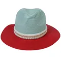 Panama straw sun hat in mint green and red colorblock with pearl chain decoration - M(56-58cm) / Mint Green And Red (354-C)