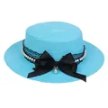 Light blue flat top straw hat with black lace, pearls, and a large satin bow decoration - Ribbon Bow Decoration Style (306C)
