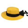French style bright yellow straw boater hat with black ribbon and side bow detail - 56-58cm / Black Ribbon Bow (041A) / Yellow