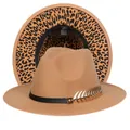 Cappello fedora cammello con falda leopardata e nastro nero con foglia in metallo dorato - Taglia unica(56-58cm) / Cachi (241-F)