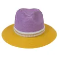 Panama straw sun hat with purple crown, yellow brim, and elegant pearl ribbon band - M(56-58cm) / Purple And Yellow (354-D)