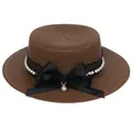 Dark brown straw boater hat with black lace, large satin bow, and pearl chain - Ribbon Bow Decoration Style (306D)