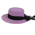 Elegant purple straw boater hat with black ribbon and bow for summer beach vacation - 56-58cm / Black Ribbon Bow (041B) / Purple