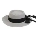 Elegant grey flat top straw boater hat with a decorative wide black ribbon bow - 56-58cm / Black Ribbon Bow (041C) / Gray
