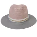Elegant pink and gray straw Panama hat with pearl chain trim for summer sun protection - M(56-58cm) / Pink And Gray (354-E)