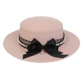 Pink straw boater hat with black lace ribbon, satin bow and white pearl chain - Ribbon Bow Decoration Style (306E)