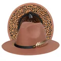 Cappello fedora marrone per coppie con tesa leopardata e fibbia a foglia dorata - Taglia unica(56-58cm) / Cammello (241-E)