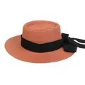 Flat top straw hat in reddish-brown featuring a wide black ribbon with a side bow - 56-58cm / Black Ribbon Bow (041D) / Caramel color