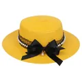 Yellow straw boater hat featuring black lace, ribbon bow, and white pearl decorations - Ribbon Bow Decoration Style (306F)