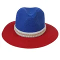 Blue and red wide brim straw Panama hat with pearl and gold chain decoration - M(56-58cm) / Blue And Red (354-F)