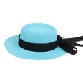 Elegant light blue straw flat top hat with a contrasting large black ribbon bow - 56-58cm / Black Ribbon Bow (041E) / Lake Blue