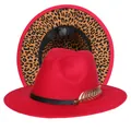 Cappello fedora rosso in lana con fodera leopardata e spilla a piuma dorata decorativa - Taglia unica(56-58cm) / Rosso (241-G)