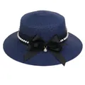 Navy blue straw boater hat featuring elegant pearl trim and a black satin ribbon bow - Ribbon Bow Decoration Style (306G)